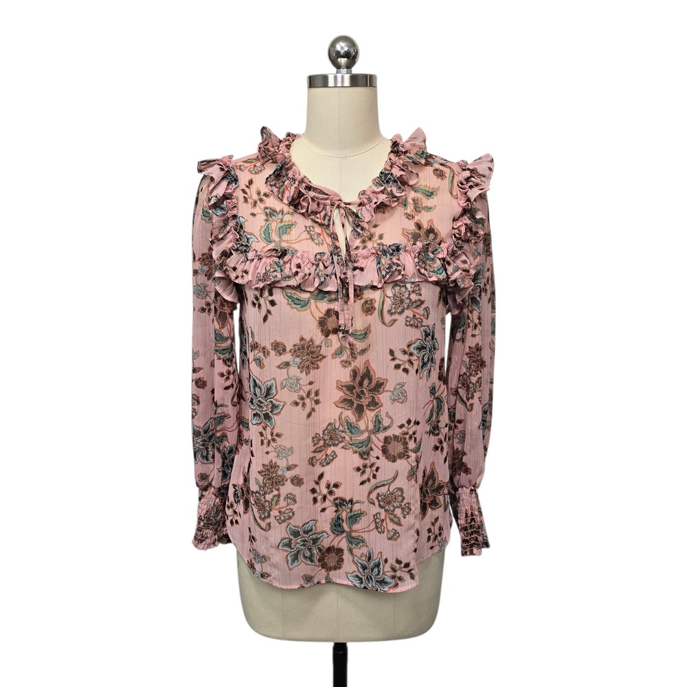 MISA Los Angeles Floral Ruffle‎ Sheer Chiffon Blouse Pink Metallic Lurex Size XS